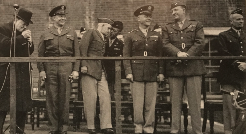 Churchill, Eisenhower, Bradley, Flint (back) Collins, Eddy, Stroh